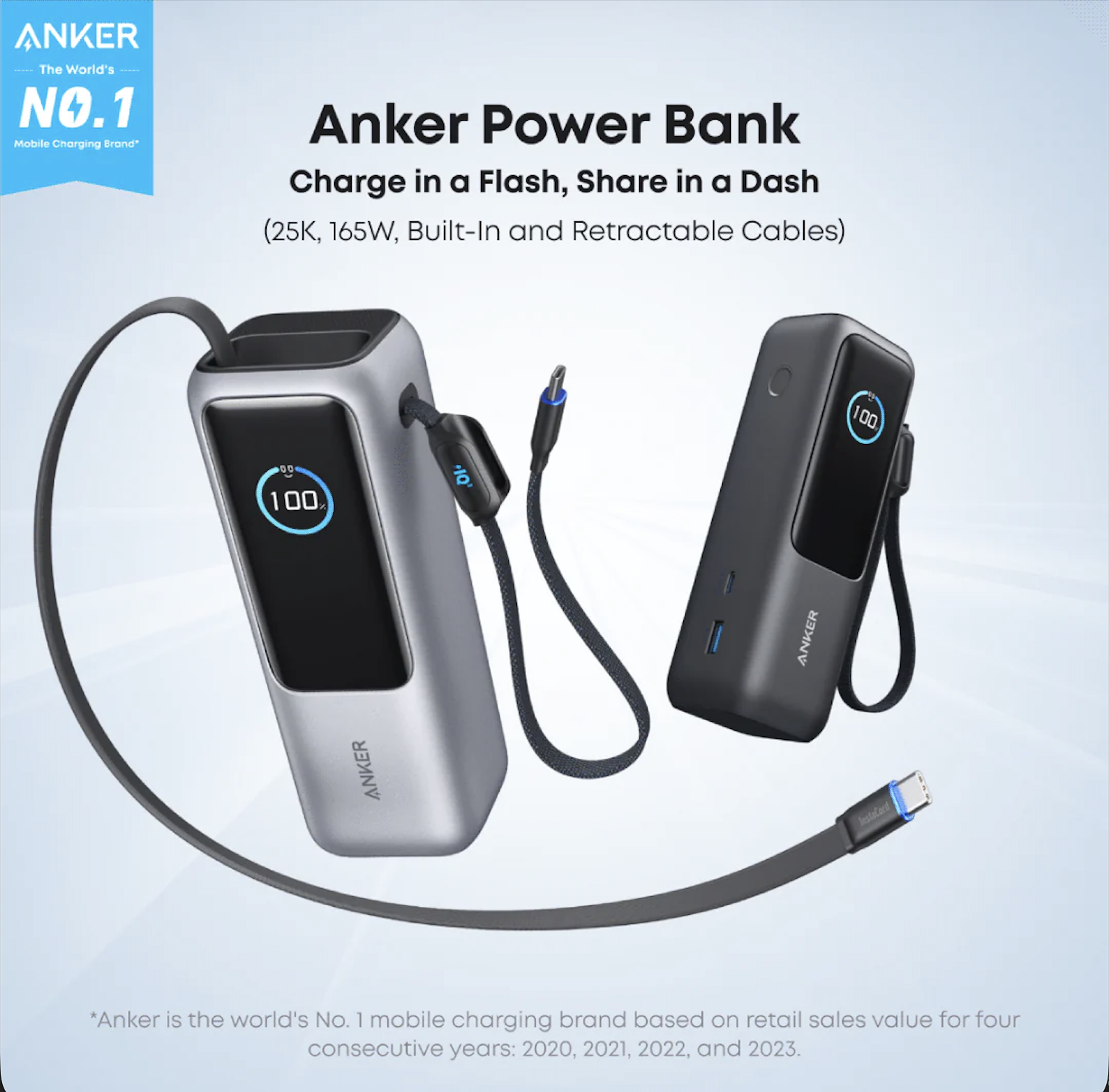 Anker Power Bank 25000mAh 165W Ultra-Fast Portable Charger with Built-In and Retractable USB C Cable