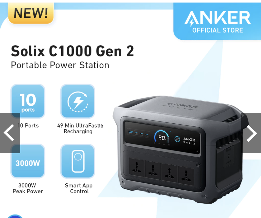 Anker Solix C1000 Gen 2 Portable Power Station, 2,000W 1,024Wh LiFePO4 Battery for Home Backup
