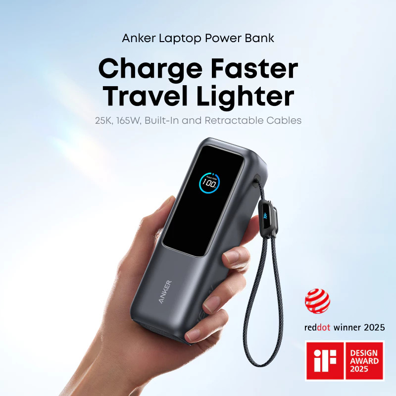Anker Power Bank 25000mAh 165W Ultra-Fast Portable Charger with Built-In and Retractable USB C Cable