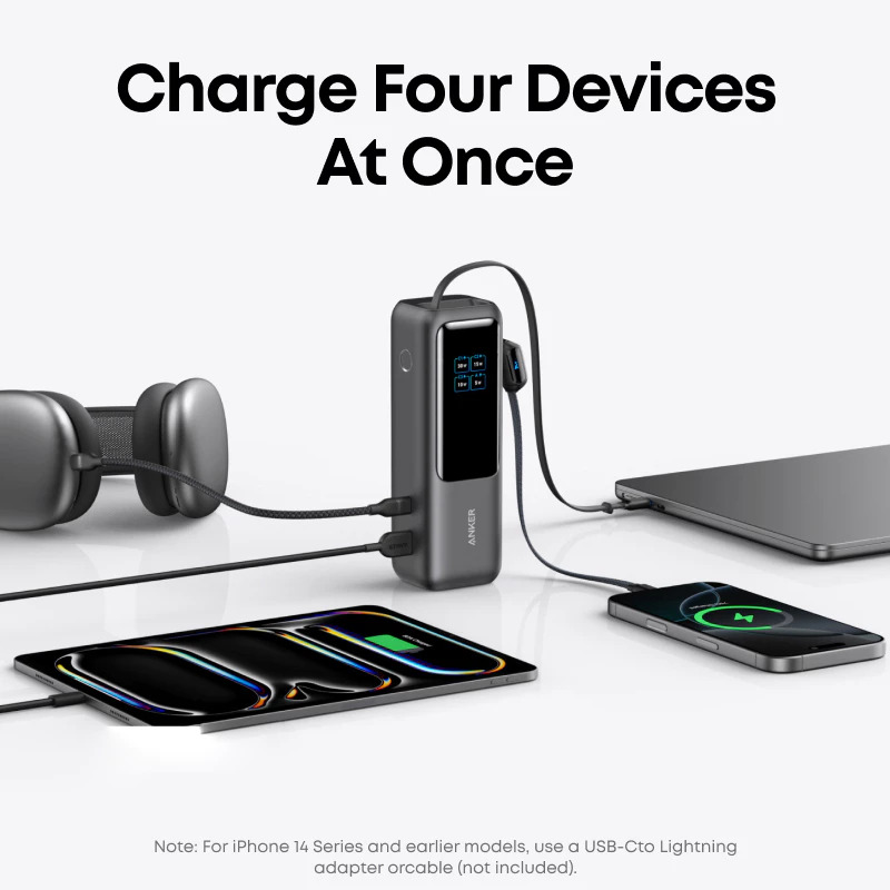 Anker Power Bank 25000mAh 165W Ultra-Fast Portable Charger with Built-In and Retractable USB C Cable