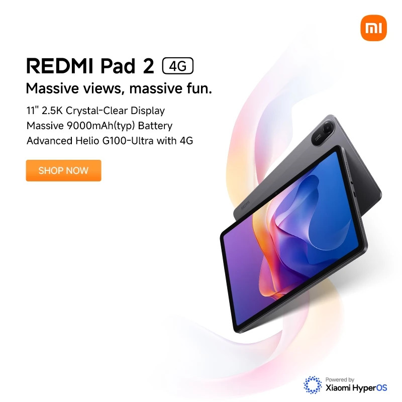 Redmi Pad 2 | 4G | 6GB+128GB,8GB+256GB| LTE, Massive 9000mAh (typ) battery, 11'' 2.5K crystal-clear